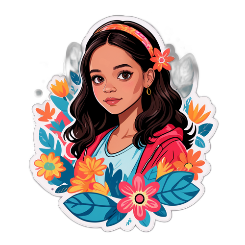 Illustration de Jenna Ortega avec des éléments floraux