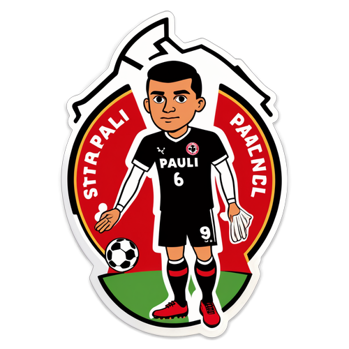 Illustration von St. Pauli mit einem Spieler im roten Trikot vor einem Stadion unter der Aufschrift 'St. Pauli – Holstein'