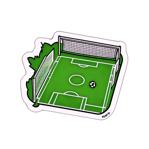 Desenho de um campo de futebol com um gol vazio e a frase 'Quem marcou?' acima