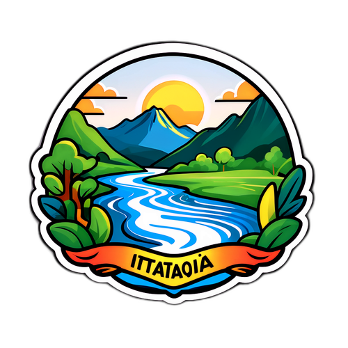 Uma cena tranquila da natureza com um rio e o logo estilizado de Itatiaia