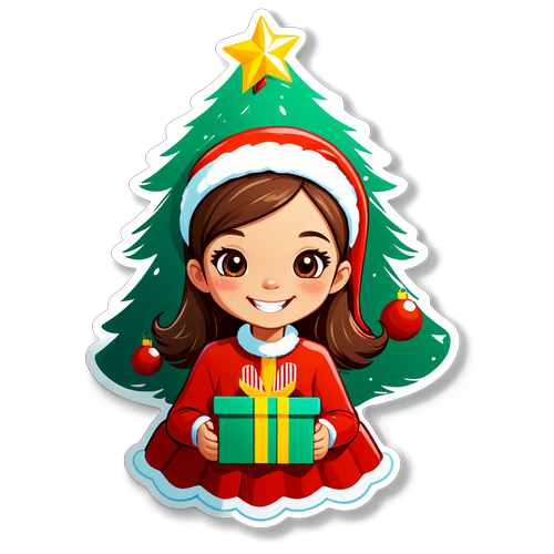 Sticker cô gái cười bên cây thông Noel với quà