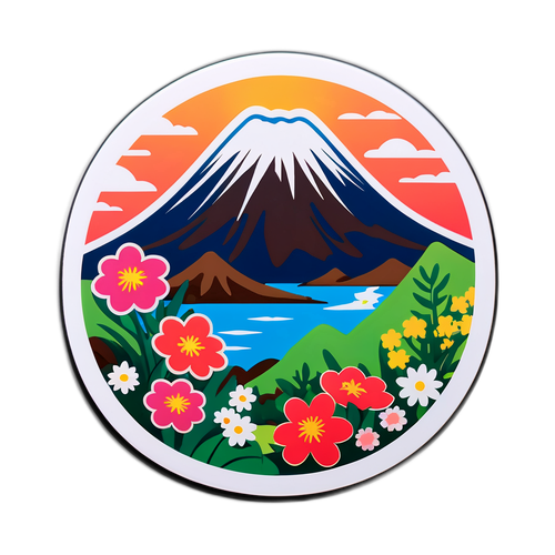 桜島と季節の花々のエコフレンドリーステッカー