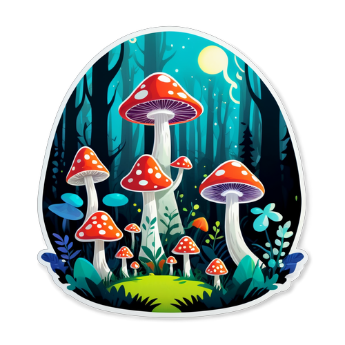 Magical Forest Scene with Whimsical Creatures and Glowing Mushrooms