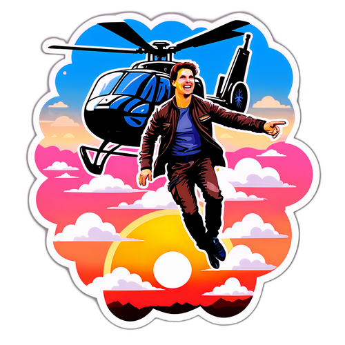 Eventyrlig klistremerke av Tom Cruise i helikopter