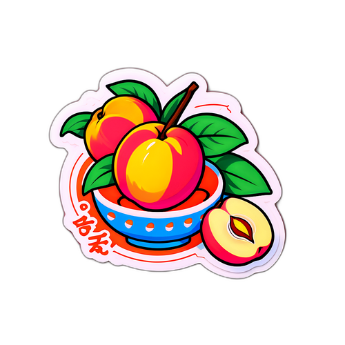 岡山県の桃とマスカットを描いたカラフルなイラストステッカー