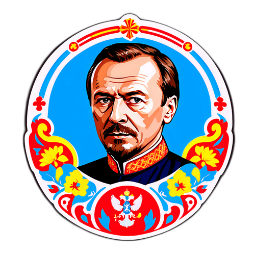 Stylizovaná nálepka s Medveděvem a ruskými kulturními symboly