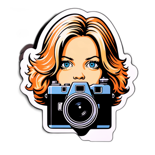 Sticker van het iconische hoofd van Meg Ryan, geframed door een retro filmcamera
