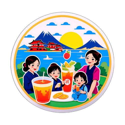 家族がジュースを楽しむイラストと葛飾区のランドマーク
