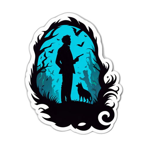 Sticker illustrant Dominik Moll avec des éléments de suspense comme des ombres et des silhouettes mystérieuses