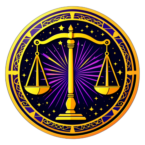 Иллюстрация знака зодиака Весы с весами и гармоничными узорами, представляющими баланс и справедливость.