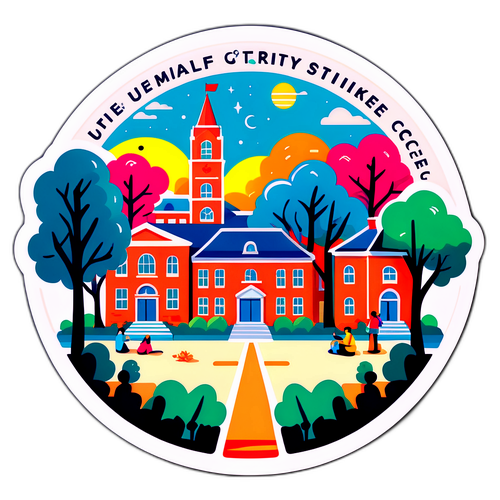 Et humoristisk klistremerke av en livlig campus-scene