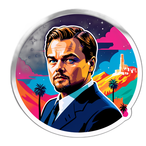 Värikäs tarra Leonardo DiCapriosta Hollywood-taustalla