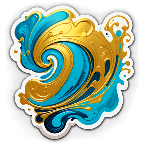 Abstract Fluid Art Sticker with Gold and Turquoise Swirls