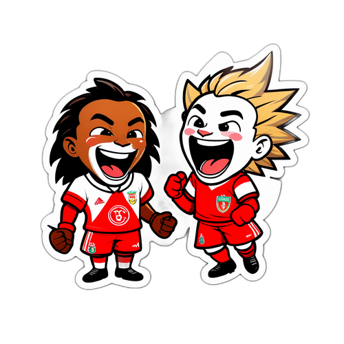 Sticker van Estrela Amadora en Benfica's mascots die elkaar uitlachen en concurreren