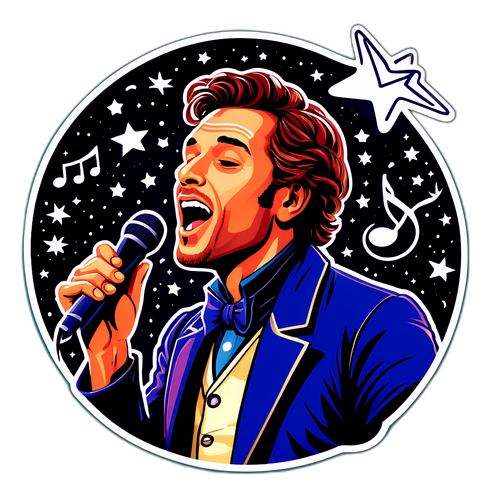 Illustratie van Antoine Delie die zingt met een achtergrond van sterren en muziek elementen