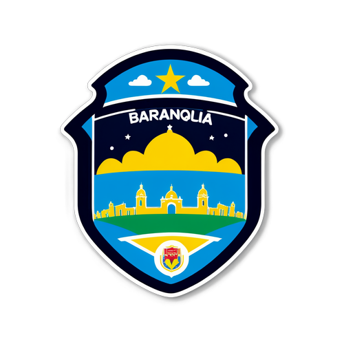 Sticker que muestra un paisaje de la ciudad de Barranquilla con el escudo del Junior y la frase 'Pasión Junior'