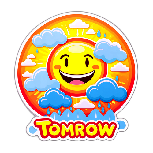 Diseño de un sol sonriente con nubes y lluvia