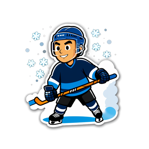 En tecknad hockeyspelare i aktion med snöfall