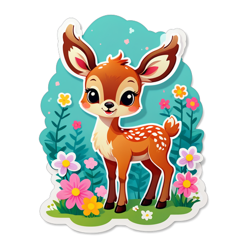 可爱的小鹿在春天的森林里，被盛开的花朵包围