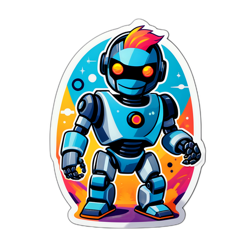 Jännittävä tarra futuristisilla teemoilla ja robottihahmoilla