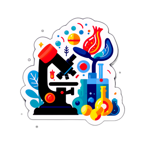 Наклейка дослідження з мікроскопом і мікроскопічними формами життя, що символізують інновації