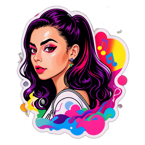 En strålende klistermærke af Charli XCX med musiknoter og farverige lydvåger