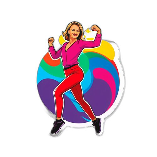 Kolorowa naklejka z Iwoną Pavlović tańczącą na tle głośnej sceny