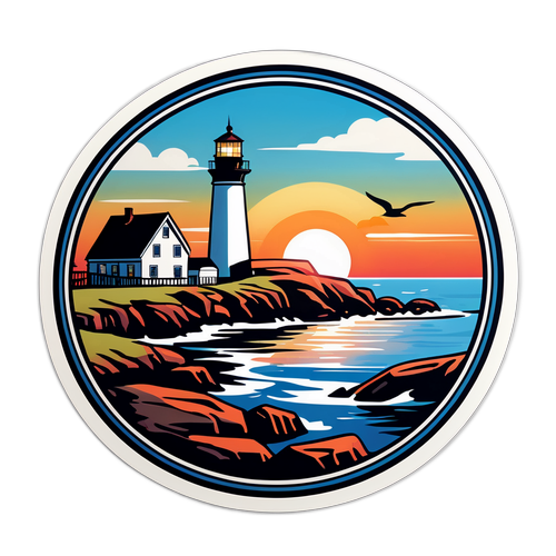 Scenisk klistremerke av Nova Scotias kystlinje med arbeidsomme fyrtårn og en naturskjønn solnedgang