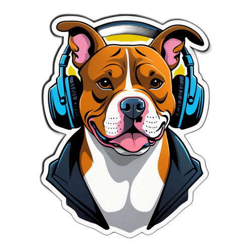Stylizowany naklejka pitbulla z słuchawkami na uszach, w muzycznym tle