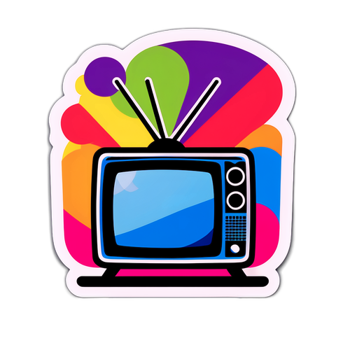 Diseño de sticker de un televisor con el logo de Magis TV y un fondo colorido