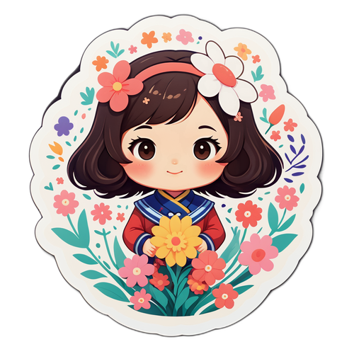 愛おしい女の子のイラストと花