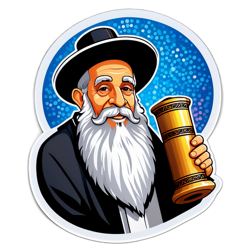 איור מעוצב של רב יצחק יוסף עם מגילת תורה ורקע מנצנץ