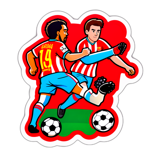 Cartoonachtige sticker van een voetbalwedstrijd tussen Girona en Barcelona