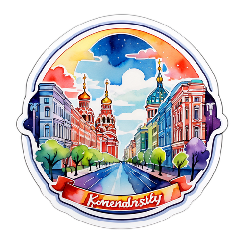 Стикер с Командантским проспектом в Санкт-Петербурге в акварельном стиле
