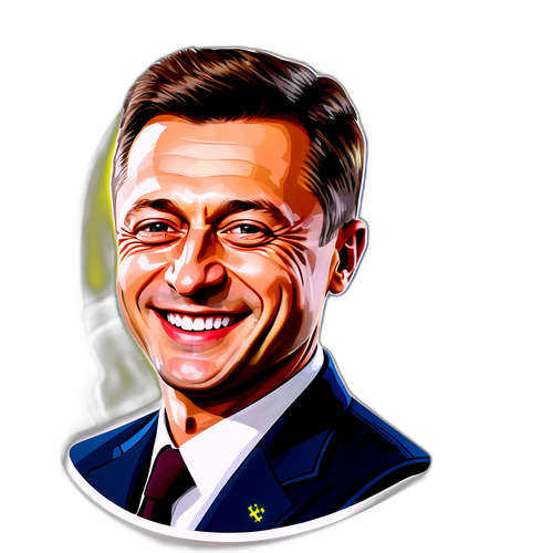 Портрет Зеленского с характерной улыбкой и дорогими аксессуарами на фоне украинского флага
