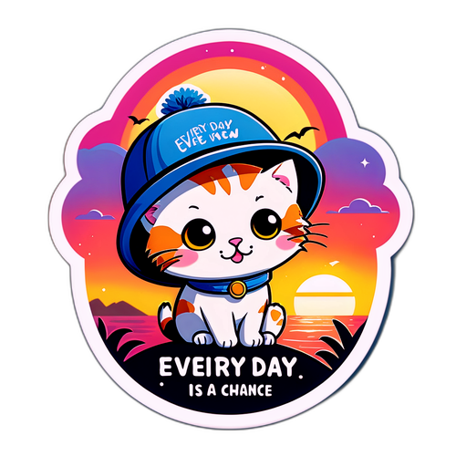 Милая наклейка с кошкой в шляпе на фоне заката