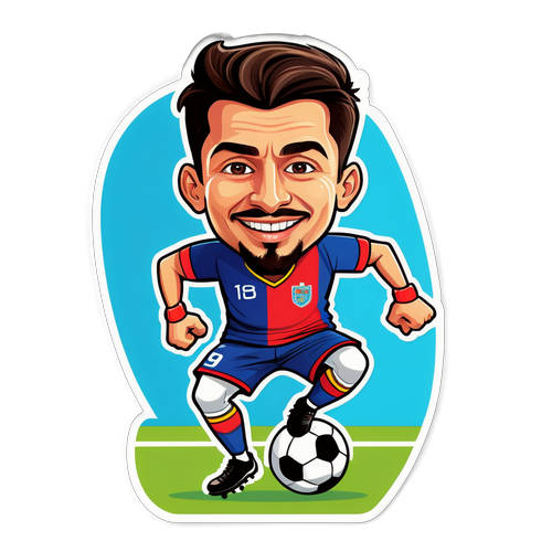 Caricatură jucăușă a lui Alex Dobrescu pe terenul de fotbal