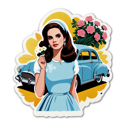 Upplev Lana Del Reys Magi! Retro Sticker med Blommor och Vintage Bil