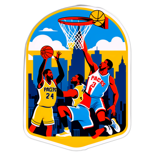 Stylized na Bersero ng Pistons at Pacers na Nagda-Dunk laban sa Retro City Skyline