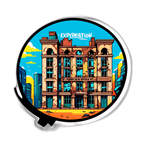 Стикер с изображением заброшенного здания и текстом "экспроприация" в стиле стрит-арт