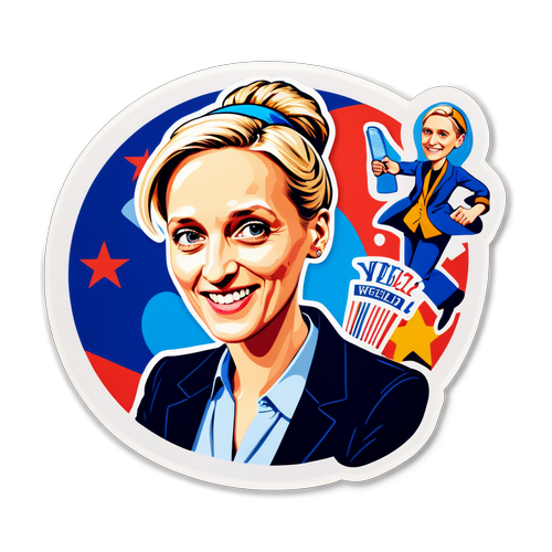 Sticker mit Alice Weidel in einer stilisierten Karikatur, umgeben von politischen Symbolen