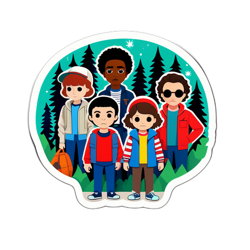 Наклейка с популярными персонажами из 'Stranger Things' в стильном минималистичном варианте на фоне леса