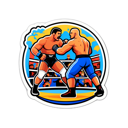 Ein dynamischer Sticker, der einen Wrestling-Match im UFC-Stil darstellt