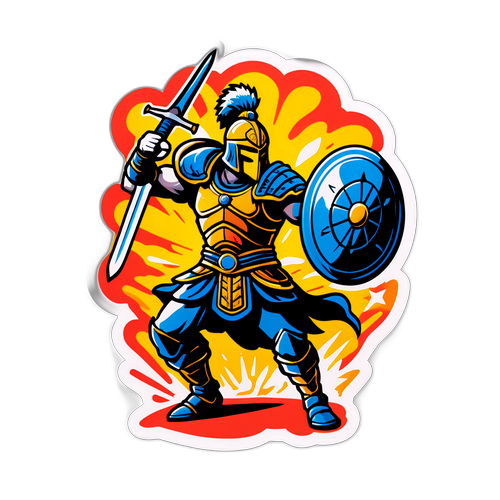 Bir efsanevi savaşçının düşmanlarını yendiği anı tasvir eden bir sticker