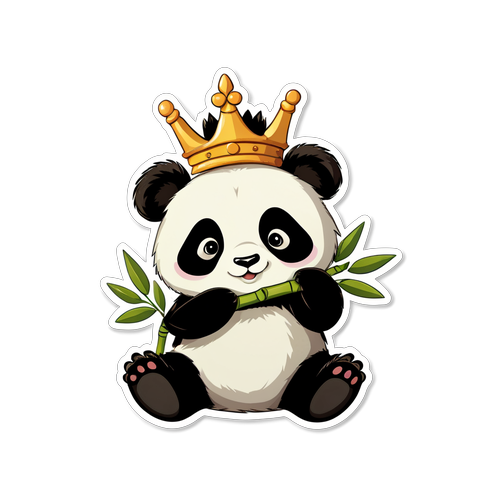 Adorable Panda Bear Eating Bamboo with a Crown Sticker