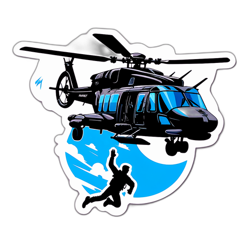 Akční Tom Cruise nálepka se siluetou skáčícího z helikoptéry