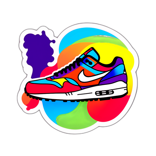 Sticker van een iconische Nike-schoen met een kleurrijke achtergrond