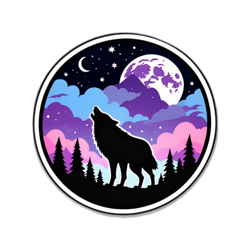 Väänne minussa -teemainen tarra, susi taivaalla, tähtien alla