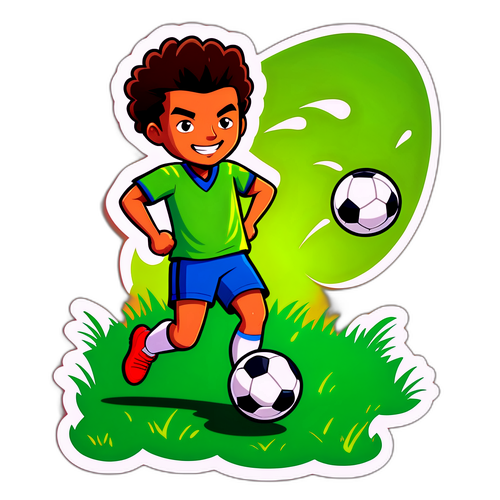 การ์ตูนของผู้เล่นฟุตบอลเตะบอลในสนามหญ้า