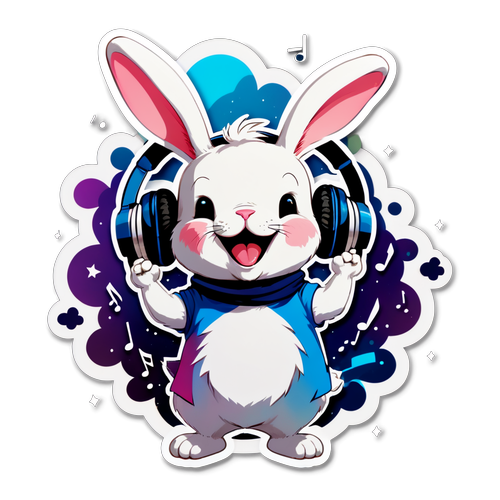快乐的兔子戴着大耳机